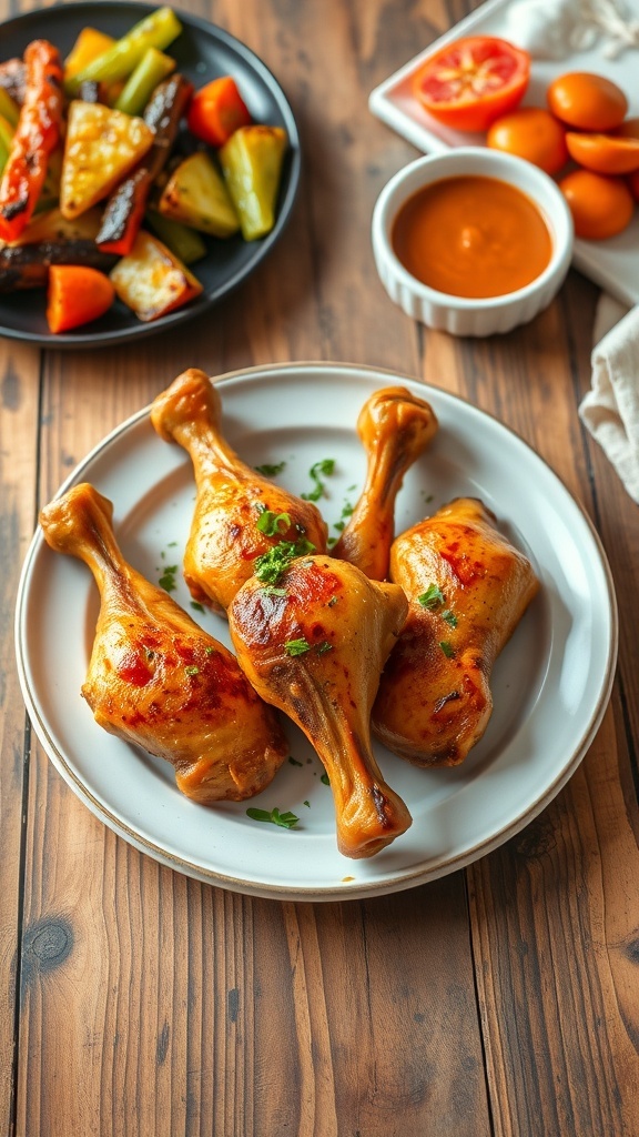 Golden-brown chicken drumsticks served with roasted vegetables and dipping sauce on a rustic table.
